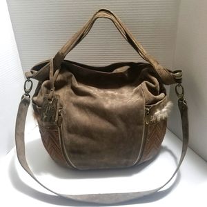 LORIBLU Suede Leather Crossbody/Bucket Bag in Toffee Color.